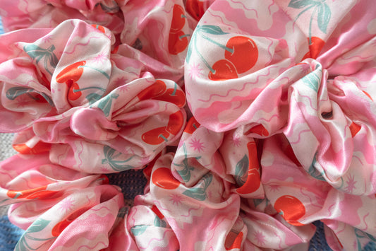 Pink Cherry Satin Scrunchies