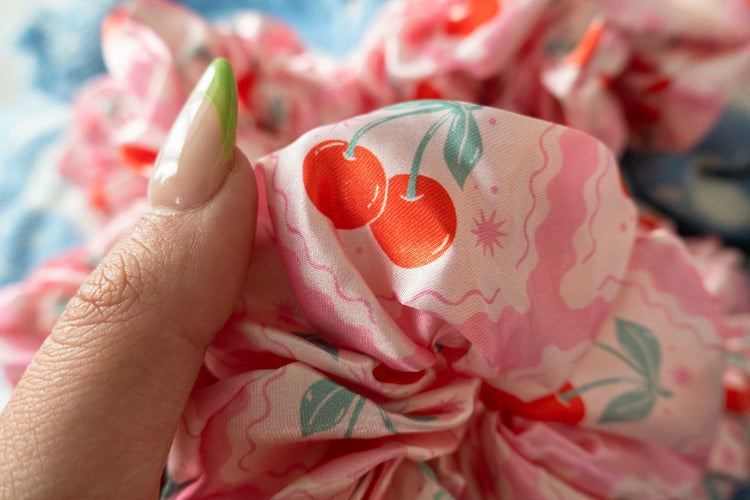 Pink Cherry Satin Scrunchies