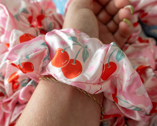 Pink Cherry Satin Scrunchies