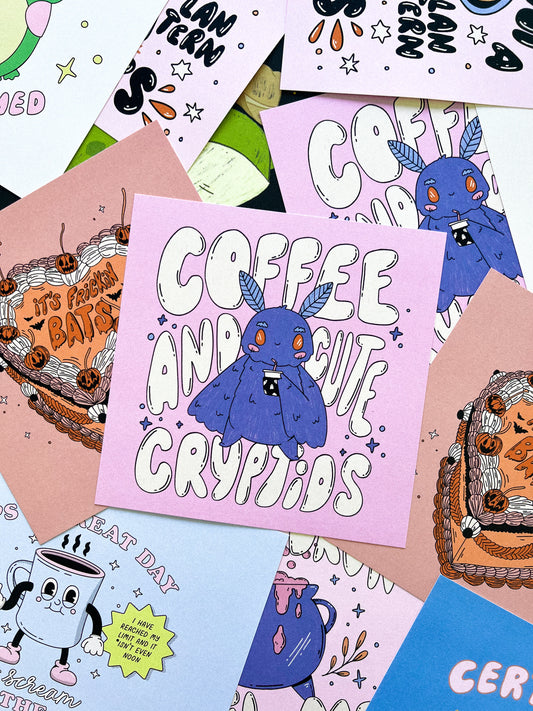 Coffee and Cute Cryptids 8x8 Print