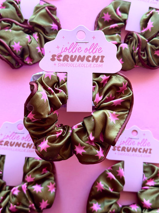 Olive and Pink Star Satin Scrunchies