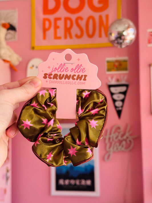Olive and Pink Star Satin Scrunchies