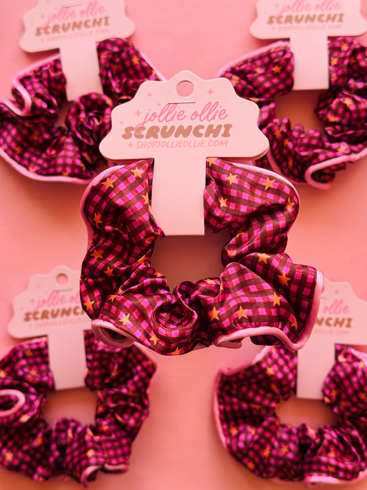 Maroon Gingham Satin Scrunchies