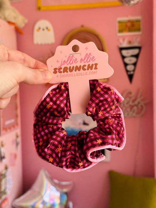 Maroon Gingham Satin Scrunchies
