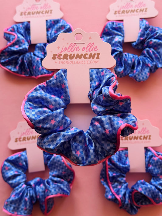 Blue Gingham Satin Scrunchies