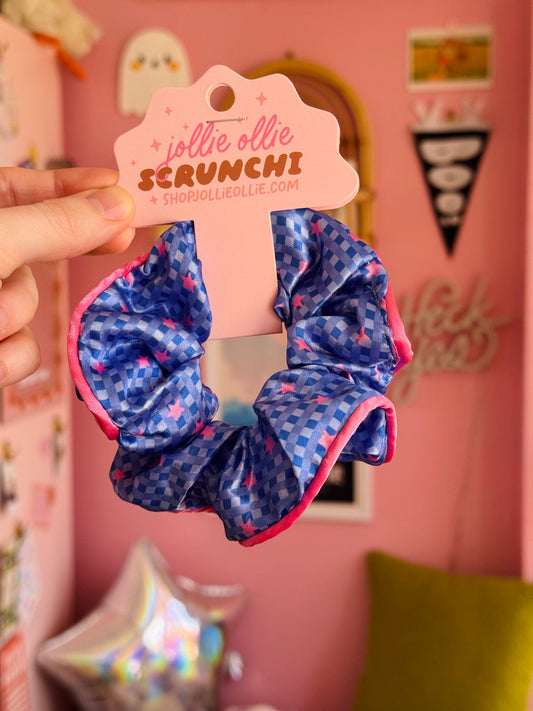 Blue Gingham Satin Scrunchies