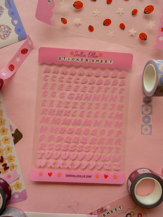 Pink Bubble Letter Sticker Sheet (CLEAR BACK)
