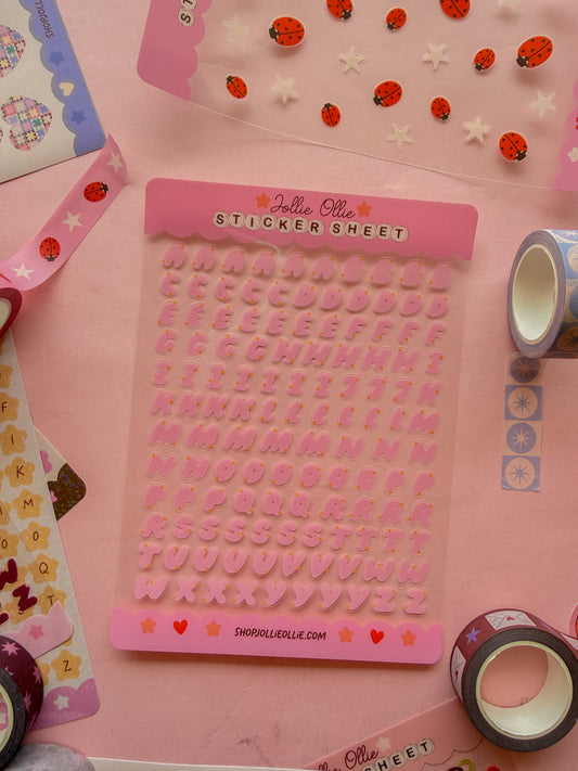 Pink Bubble Letter Sticker Sheet (CLEAR BACK)