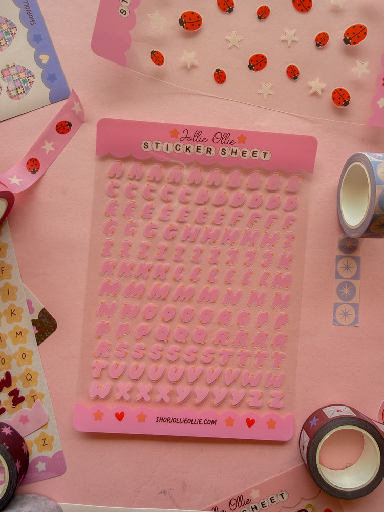 Pink Bubble Letter Sticker Sheet (CLEAR BACK)