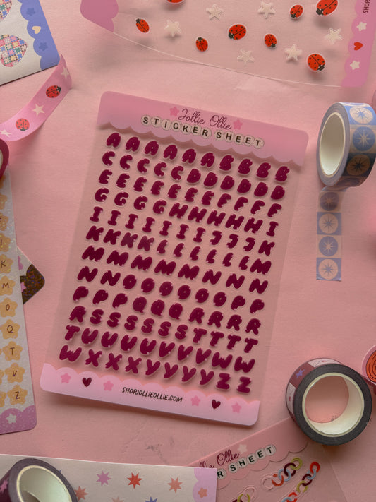 Maroon Bubble Letter Sticker Sheet (CLEAR BACK)