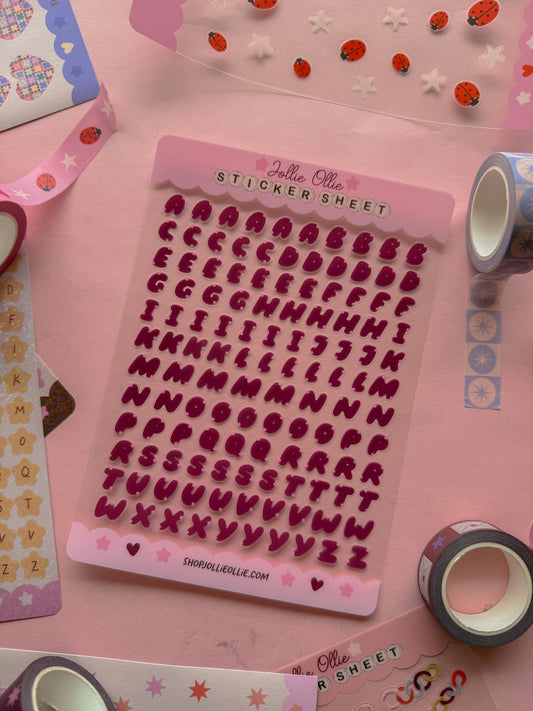 Maroon Bubble Letter Sticker Sheet (CLEAR BACK)
