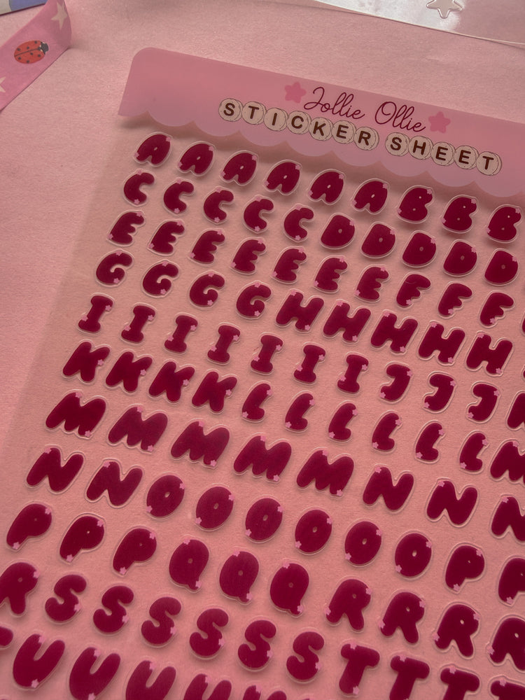 Maroon Bubble Letter Sticker Sheet (CLEAR BACK)