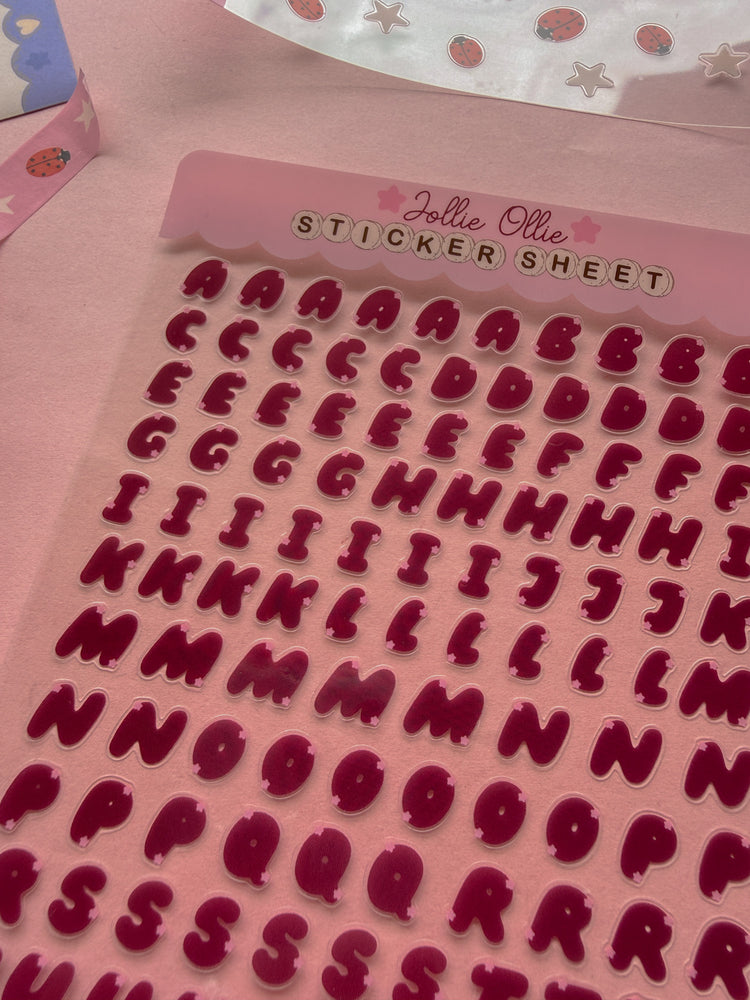 Maroon Bubble Letter Sticker Sheet (CLEAR BACK)